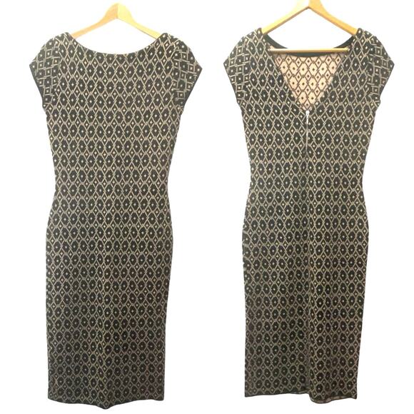 Zara Wool Blend Sweater Dress Women's Sz L Black Tan Knit Cap Sleeve Midi V Zip - Picture 1 of 11